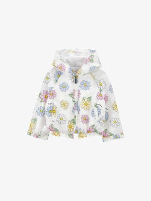 White hooded jacket featuring colorful floral prints in pink, blue, yellow, and green. Includes front pockets and elasticized hem.