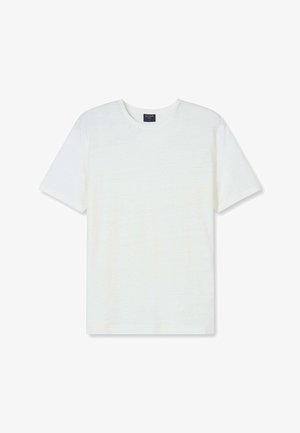 Schlichtes weißes T-Shirt mit kurzen Ärmeln und Rundhalsausschnitt, mit einem kleinen schwarzen Markenetikett am Kragen, flach auf weißem Hintergrund ausgebreitet.