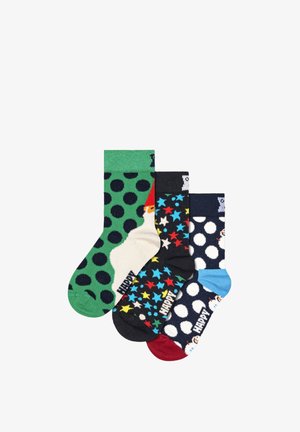 Set of three socks: green with black polka dots, black with colorful stars, and navy with white polka dots. Cotton material, various patterns.