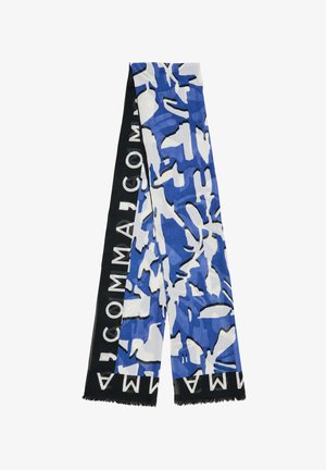 Niebiesko-biała chusta w wzory, z abstrakcyjnymi kształtami, posiadająca czarną sekcję z tekstem. Wykonana z lekkiego materiału, brzegi są frędzlowane.