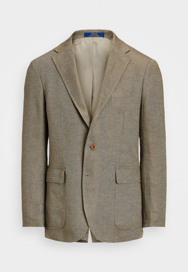 Blazer de espiga beige hecho de tejido texturizado, con solapas de muesca, dos bolsillos delanteros y un cierre de un solo botón marrón.