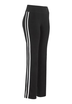 Zwarte sportbroek met een brede tailleband, met twee verticale witte strepen aan de buitenzijden. Gemaakt van een zachte, gladde stof.