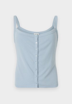 Light blue ribbed tank top with spaghetti straps, featuring a button-down front and a fitted design. Soft texture and simple style.