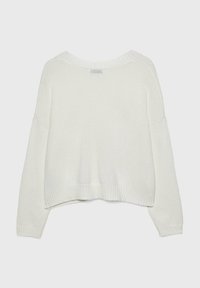 White knitted sweater featuring a loose fit, wide neckline, and ribbed cuffs. The back has a slightly cropped hem with a textured finish.