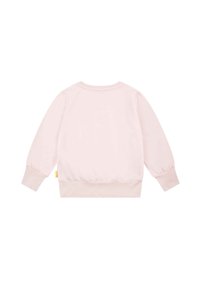 Helles rosa Sweatshirt mit langen, puffigen Ärmeln; Rippenbündchen und Saum; glatte Textur; dezタグgelbe Etikett an der Seite.