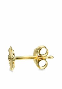 Guld-farbene Ohrringe in Form von Scheren, mit einem floralen Design an der Basis und einer spitzen Spitze. Glatte Oberfläche und polierte Textur.