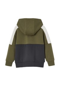 Kapuzensweatshirt mit Farbblockierung in Grün, Dunkelblau und Hellgrau, mit weichem Material und ribbelten Bündchen zur Anpassung der Passform.