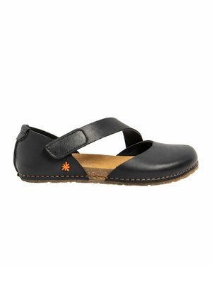 Black leather Mary Jane flat shoe with adjustable strap, cushioned cork sole, and small orange flower logo on the side.