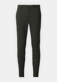Pantalones ajustados de color verde oscuro, fabricados en tejido elástico ligero. Cuenta con cierre de botón, bolsillos frontales y diseño entallado.