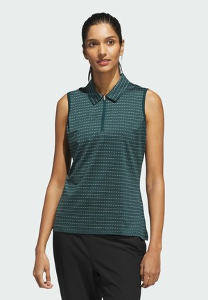 Sleeveless polo shirt in dark green with a collared design and a half zip. Features a subtle striped pattern in lighter green.