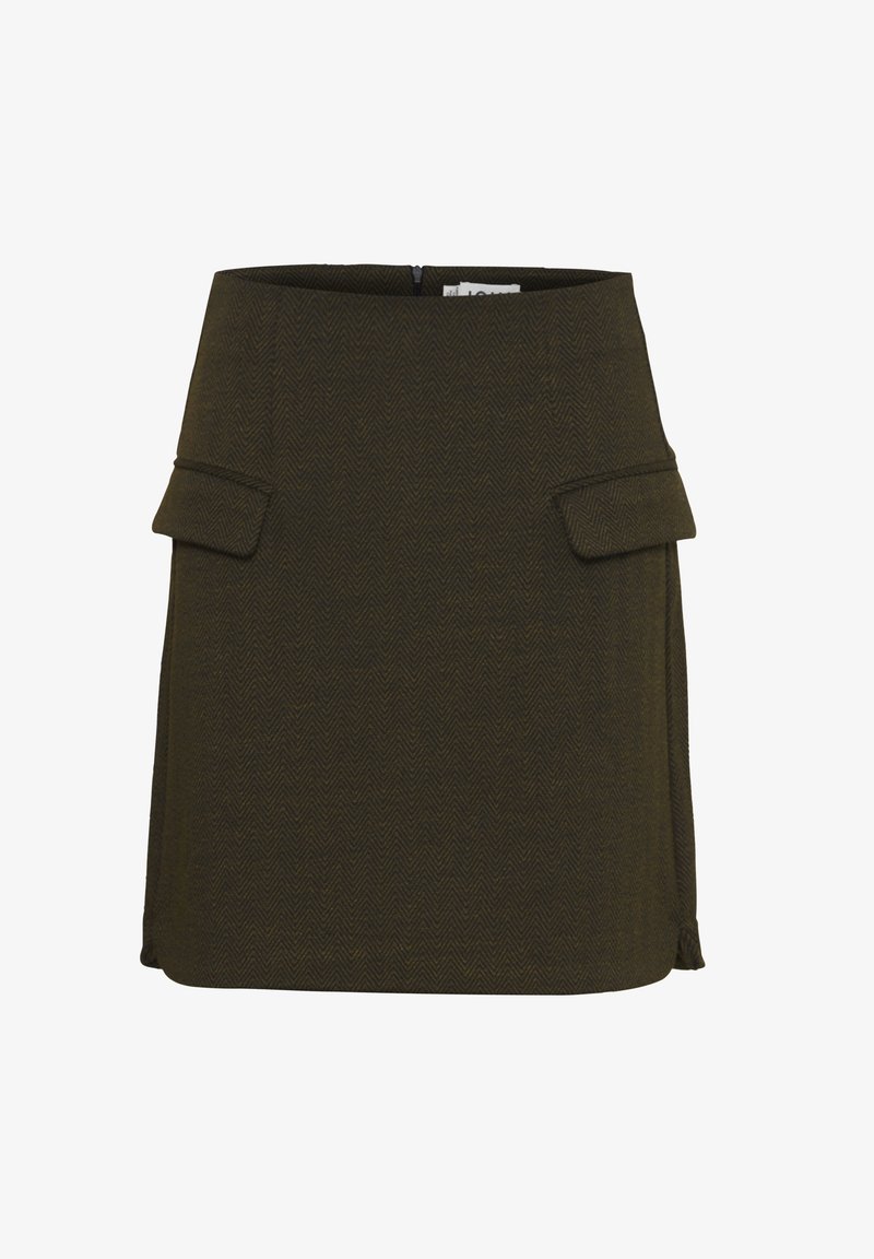 Jupe de couleur vert foncé avec motif en chevron, au design ajusté, dotée de deux poches avant et d'une fermeture éclair latérale discrète.