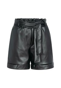 Zwarte leren shorts met een elastische waist band, zijzakken en een verwijderbare riem. Heeft een opgerolde zoom aan de onderkant.