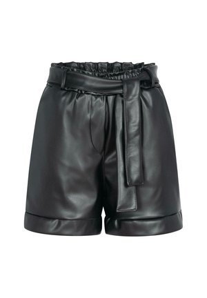 Black leather shorts with gathered elastic waistband, side pockets, and removable belt. Features a rolled cuff detail at the hem.