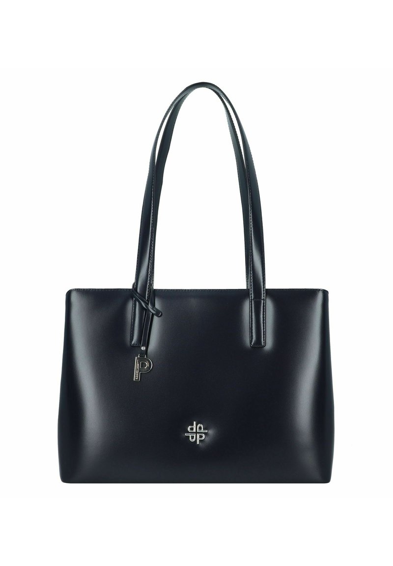 Borsa a tote nera in pelle con due manici, forma rettangolare, texture liscia, con un piccolo logo argento e un dettaglio con etichetta pendente.