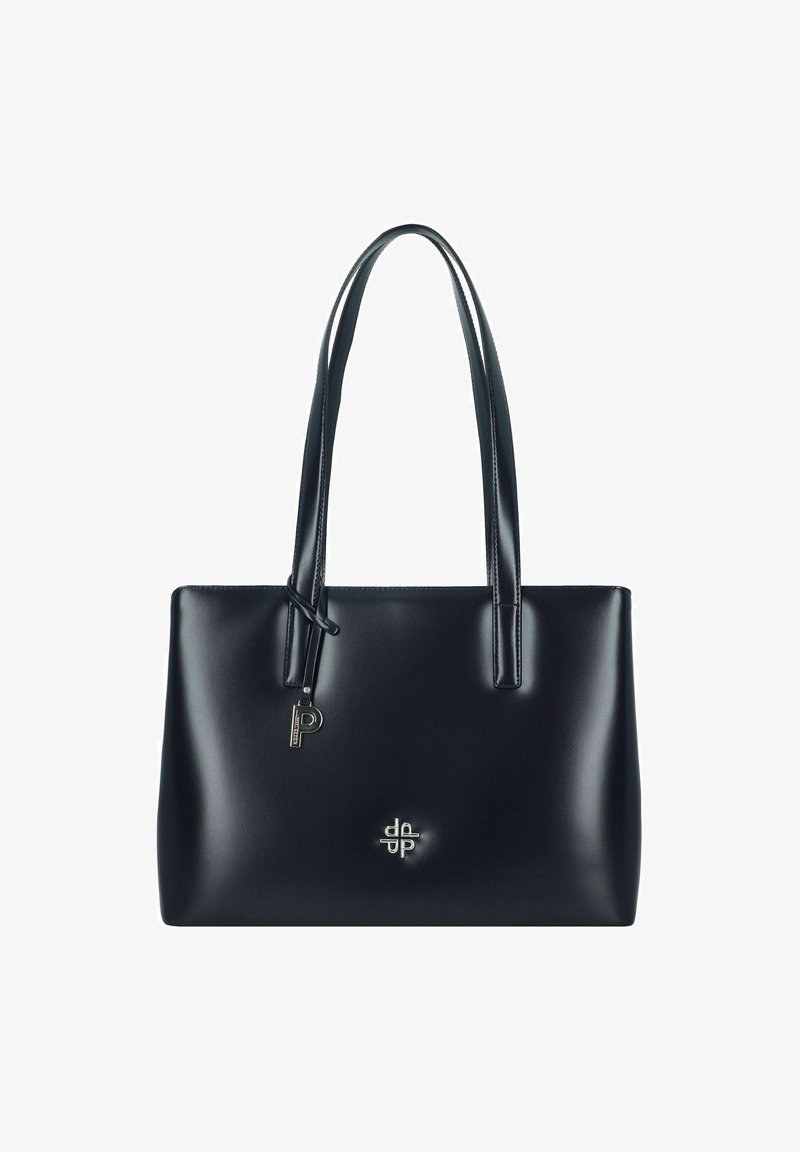 Zwarte lederen tote bag met twee handvatten, rechthoekige vorm, gladde textuur, met een klein zilveren logo en een hanglabel detail.
