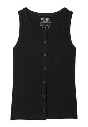 Zwart mouwloos geribd shirt met knoopsluiting aan de voorkant en ronde hals, gelabeld FatFace, ontworpen in het VK, gemaakt in Bangladesh.