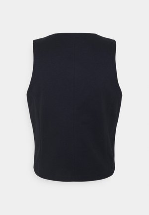 Top bez rękawów, w jednolitym granatowym kolorze, wykonany z miękkiego materiału. Posiada okrągły dekolt oraz czysty, minimalistyczny design bez widocznych elementów metalowych.