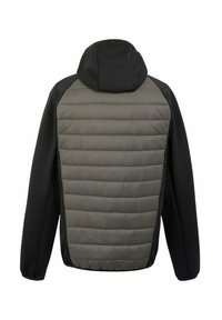 Hoodie mit grauem gesteppter Rückseite und schwarzen Ärmeln. Die Rückseite hat eine horizontale Polsterung mit glatter Textur.