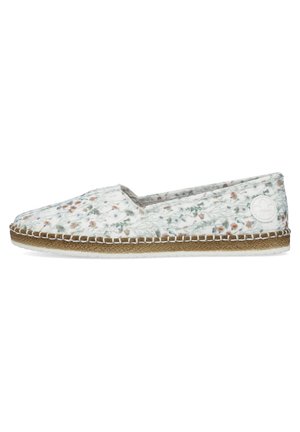 Let blomstret stof slip-on sko med fletet jutemellemsål og hvid gummiydersål, rundt logopatch nær hælen på siden.