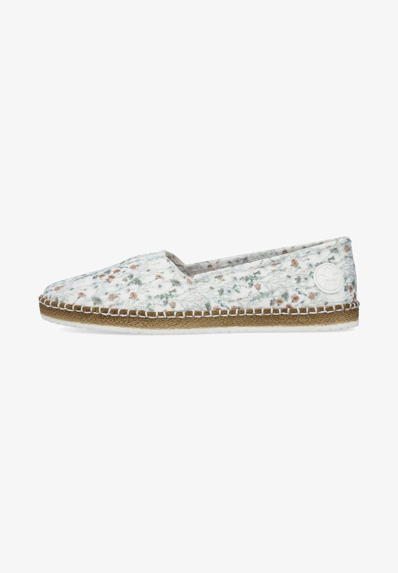 Chaussure légère en tissu floral à enfiler avec une semelle intermédiaire en jute tressée et une semelle extérieure en caoutchouc blanc, écusson rond du logo près du talon sur le côté.