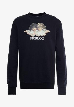 Sweat-shirt noir à manches longues avec deux chérubins ailés et des étoiles au-dessus de leur tête, et le mot "FIORUCCI" en dessous.