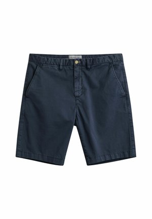 Pantaloncini casual da uomo blu navy con passanti per cintura, chiusura frontale con bottoni e zip, e tasche oblique ai lati.