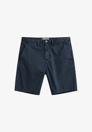 Pantaloncini casual da uomo blu navy con passanti per cintura, chiusura frontale con bottoni e zip, e tasche oblique ai lati.