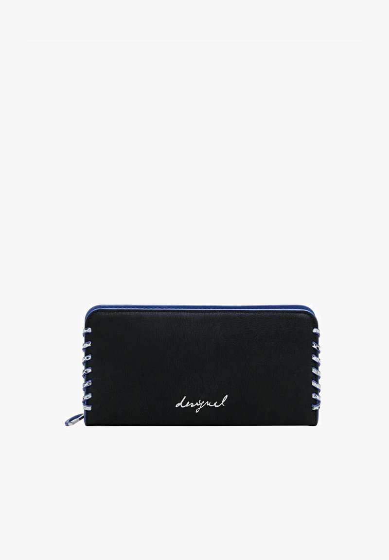 Black leather wallet with blue trim. Features a smooth texture, silver hardware, and decorative stitching on one side. Includes logo detail.