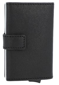 Portafoglio in pelle nera con superficie testurizzata, forma rettangolare e chiusura a scatto. Presenta cuciture precise lungo i bordi.