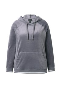 Szara bluza z kapturem wykonana z miękkiego welwetowego materiału. Posiada przednią kieszeń, kaptur ze sznurkiem oraz paski na dole. Długie rękawy z raglanowym krojem.