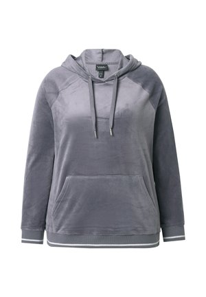 Grijze sweat met capuchon gemaakt van zachte fluwelen stof. Voorzien van een voorzak, capuchon met trekkoorden en gestreepte zoom. Lange mouwen met raglanontwerp.