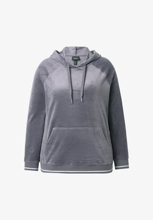 Felpa grigia con cappuccio realizzata in morbido tessuto di velluto. Presenta una tasca frontale, cappuccio con coulisse e orlo a righe. Maniche lunghe con design a raglan.