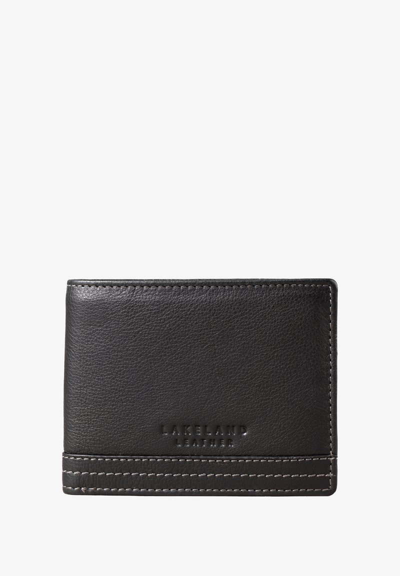 Black leather wallet with stitched accents, features embossed "LAKELAND LEATHER" logo and a smooth texture, rectangular shape.