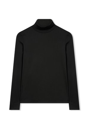 Czarny longsleeve z golfem, wykonany z gładkiego materiału, charakteryzujący się dopasowanym krojem i brakiem widocznych wzorów lub elementów metalowych.