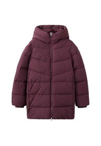 Burgundská prošívaná bunda s kapucí, vybavená předním zapínáním na zip, horizontálními prošívanými panely a elastickými manžetami pro teplo a pohodlí.