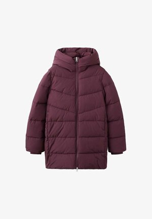 Bordowa kurtka puchowa z kapturem, zapinana na zamek z przodu, z poziomymi przeszyciami pikowanymi oraz elastycznymi mankietami zapewniającymi ciepło i komfort.