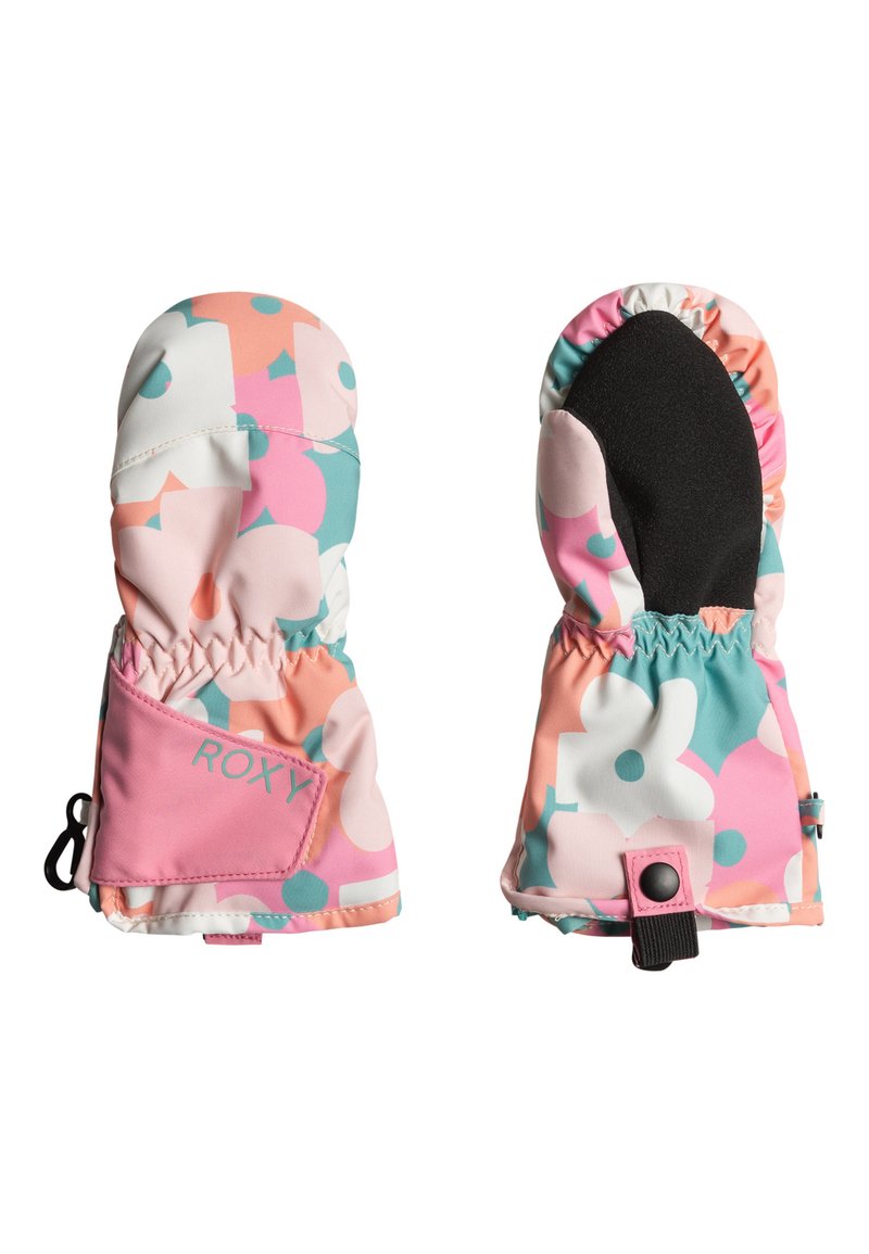 Moufles Roxy avec un motif floral en rose, blanc et turquoise ; fabriquées en matériau imperméable ; poignet élastique, sangle ajustable, doublure intérieure douce.