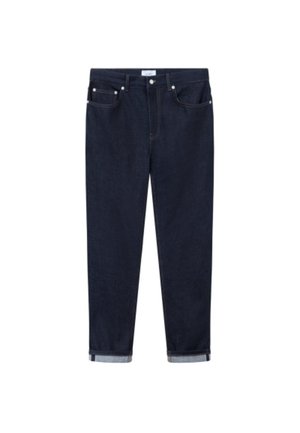 Mørkeblå denimjeans med fem lommer, knap- og lynlåslukning samt opkoblede manchetter.