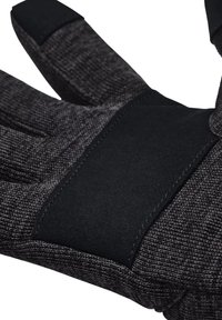Black and gray textured gloves with a reinforced grip area, featuring soft fabric and a snug fit for ergonomic use.