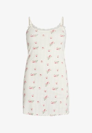 Biely nočný úbor bez rukávov s tenkými ramienkami, krajkovým lemom a malým ružovým kvetinovým vzorom rozptýleným rovnomerne.