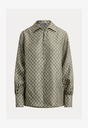 Bluza verde cu model, mâneci lungi, guler cu revere, având mici motive florale pe un material neted. Mâneci cu nasturi, croială lejeră.