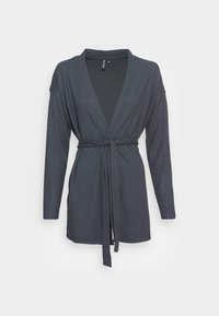 Schwarz-graue Wickelcardigan mit langen Ärmeln, einem Bindegürtel und einem V-Ausschnitt, gefertigt aus weichem, leichtem Stoff.
