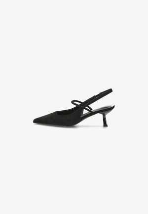 Zapato slingback de ante negro con punta afilada, dos finas correas sobre el empeine y un tacón bajo y acampanado tipo kitten.