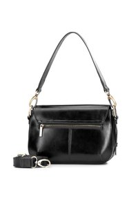 Bolso de mano de cuero negro con forma estructurada, que cuenta con un bolsillo frontal con cremallera, acentos de hardware dorado y una correa para el hombro despegable.