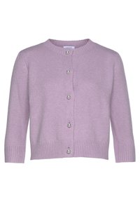 Lilac cropped cardigan with three-quarter sleeves and five pearl buttons down the front, featuring a ribbed hem and crew neckline.