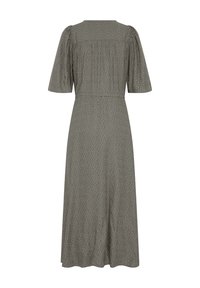 Robe midi vert olive à petits pois blancs, manches courtes bouffantes, taille cintrée et plis doux dans le dos.