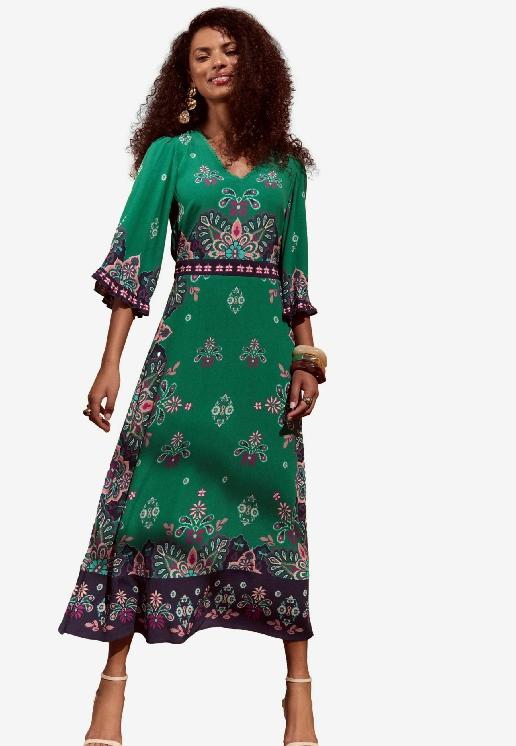 Love & Roses PETITE FIT - WOODBLOCK PRINTED V-NECK KIMONO SLEEVE MIDI - Day  dress - green - Zalando