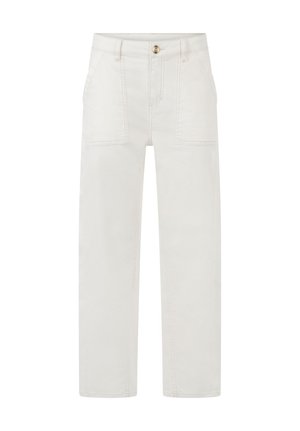 Pantalon blanc à jambes droites avec poches plaquées à l'avant, passants pour ceinture, fermeture par bouton et braguette zippée.