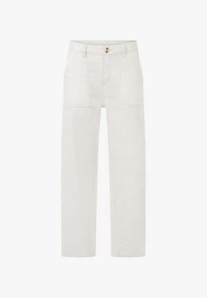 Pantalon blanc à jambes droites avec poches plaquées à l'avant, passants pour ceinture, fermeture par bouton et braguette zippée.