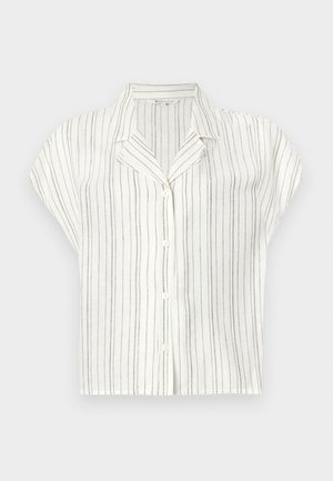 Lühikeste varrukatega särk kerge kreemja kangaga, millel on vertikaalsed pruunid triibud, nupule kinnitamine ja nikerdatud kraediisain.